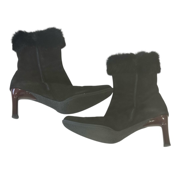 Vintage black suede booties Italy women’s size 40 USA 9B fur trim bohochic zips - Picture 15 of 16